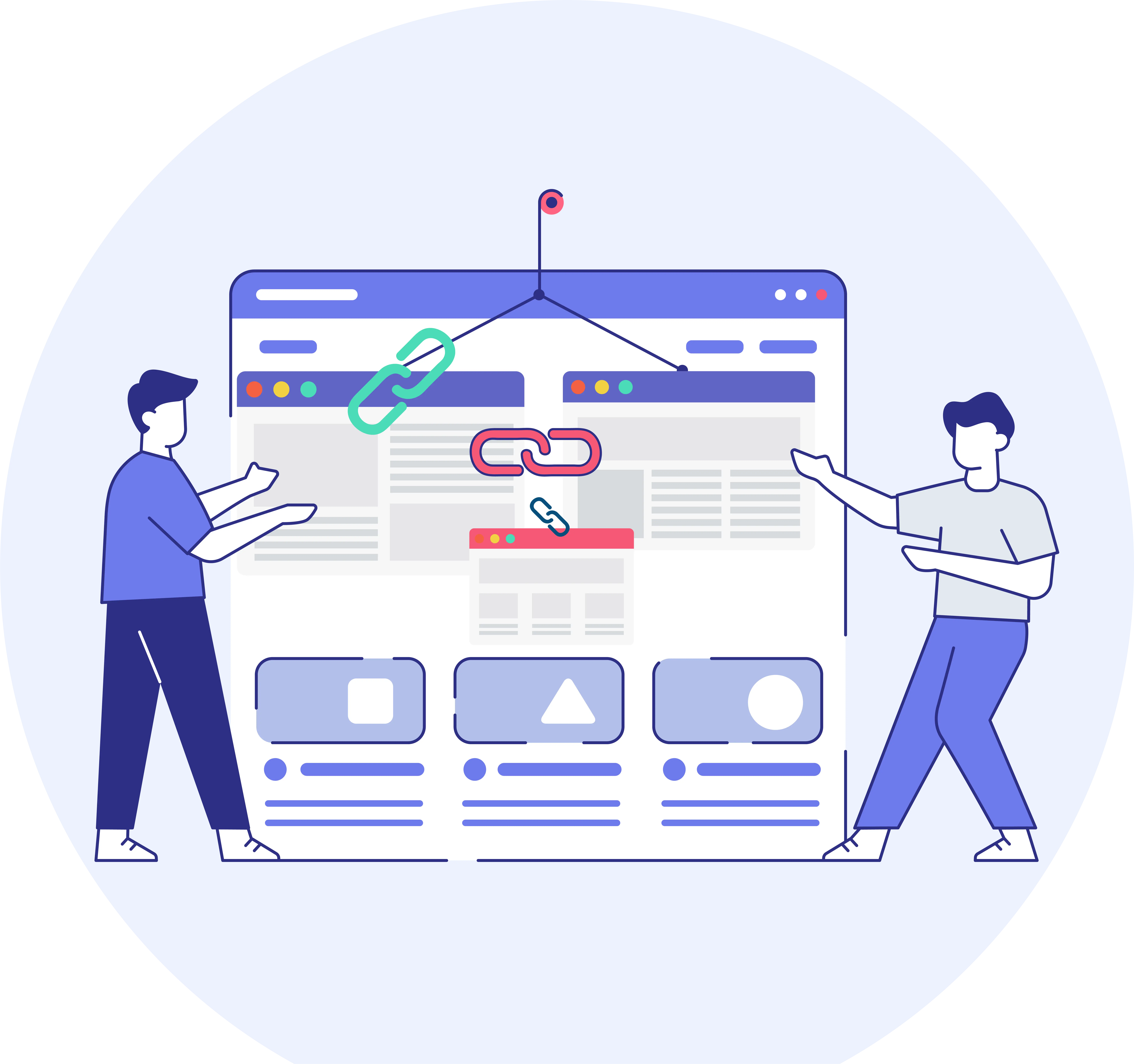 Two individuals are next to a website on a screen, which features a visible link for users to click.