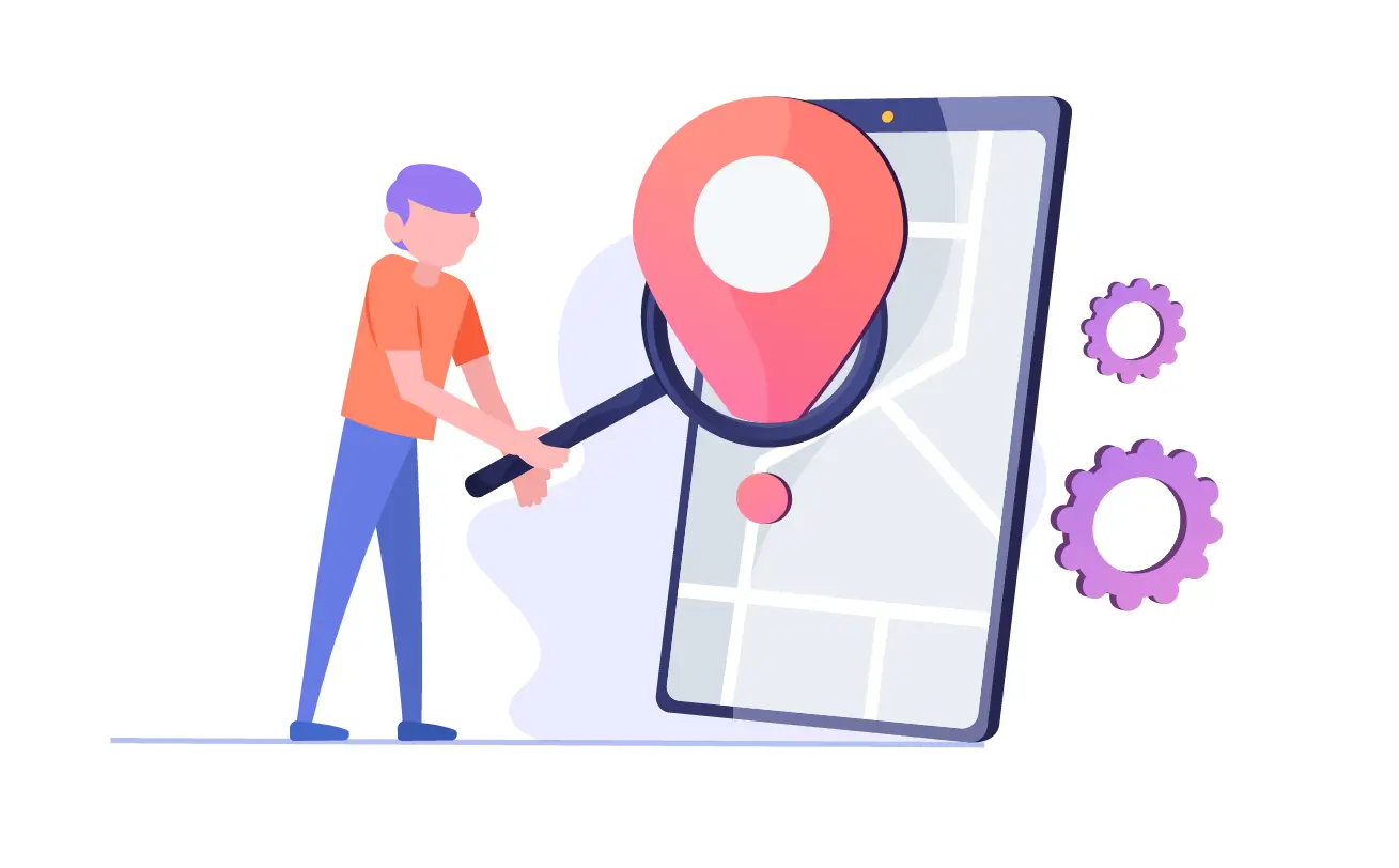 Man using a magnifying glass to search for a location on a detailed map