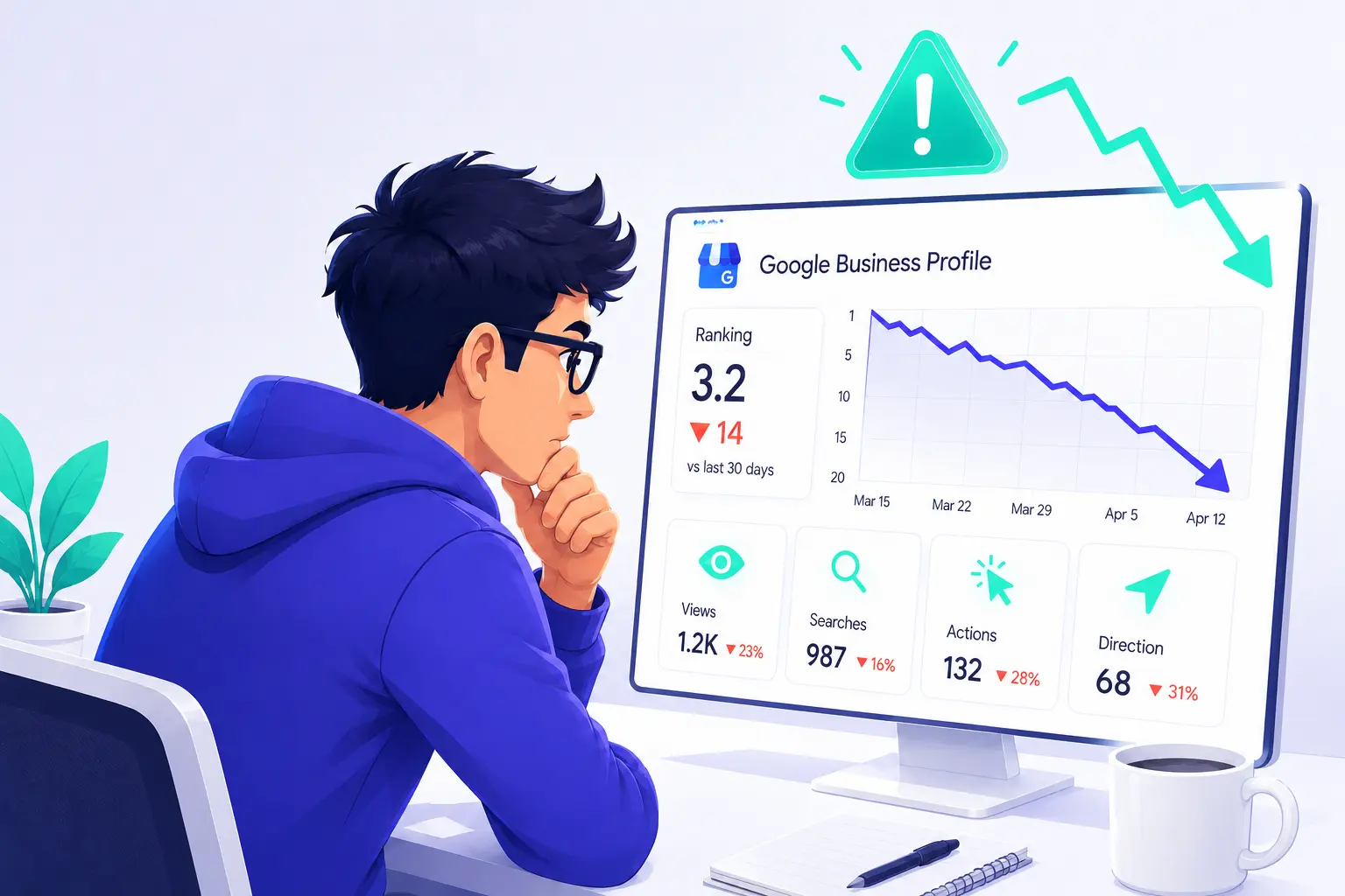 A professional analyzing a digital dashboard showing a 31% decrease in actions and visibility, representing a Google Business Profile rankings drop.