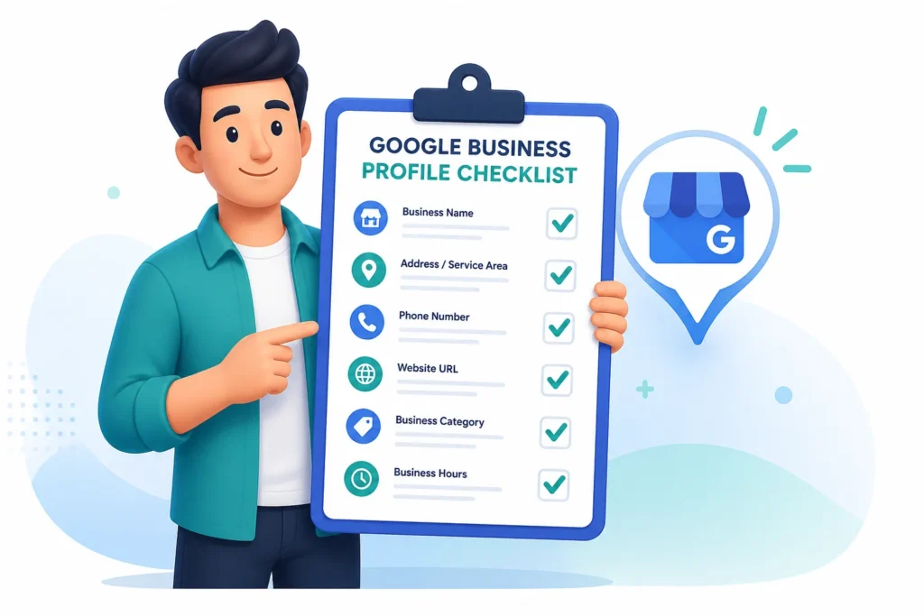 A man holding a Google Business Profile Checklist featuring items like Business Name, Address, Phone Number, and Website URL with green checkmarks.