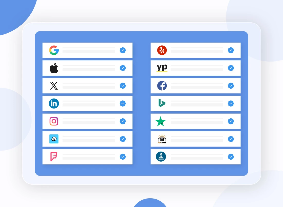 A professional Citation Building Services graphic showcasing verified business listings across major directories, including Google, Apple, Yelp, Facebook, and Bing.
