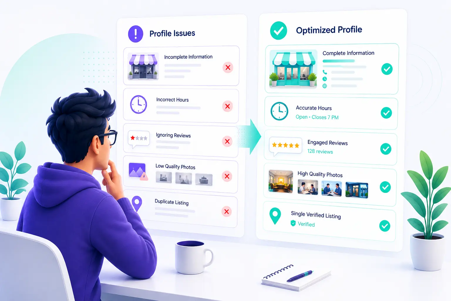 A man is comparing a list of common Google Business Profile mistakes—like incorrect hours and low-quality photos—against an optimized profile checklist to learn how to avoid them.