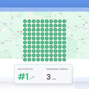 A professional GBP optimization service map grid showing a business ranking in the #1 position across a 3-mile radius dominance area.