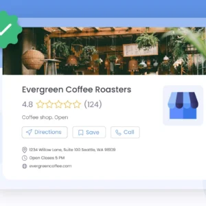 A professional GBP reinstatement service graphic showing a fully restored and verified Google Business Profile for 'Evergreen Coffee Roasters' with a green checkmark.