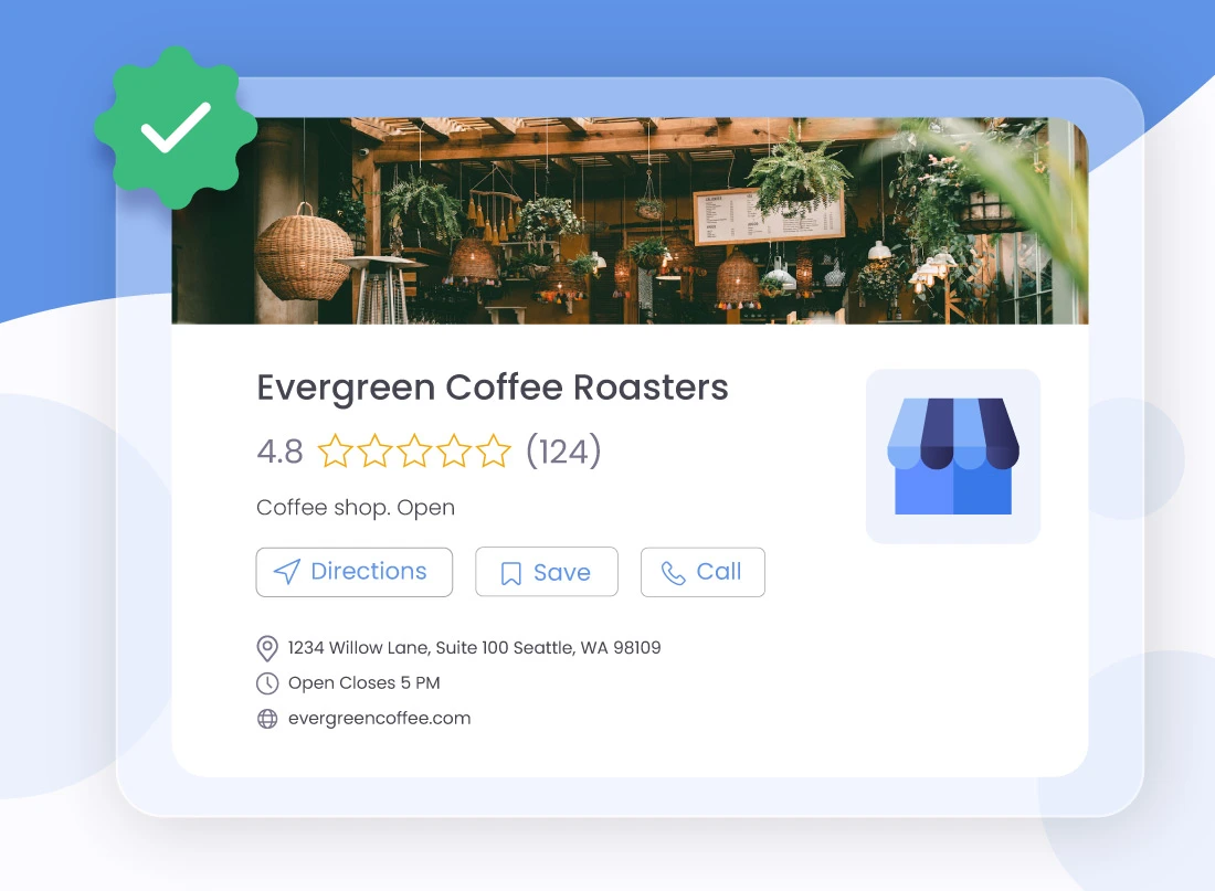 A professional GBP reinstatement service graphic showing a fully restored and verified Google Business Profile for 'Evergreen Coffee Roasters' with a green checkmark.