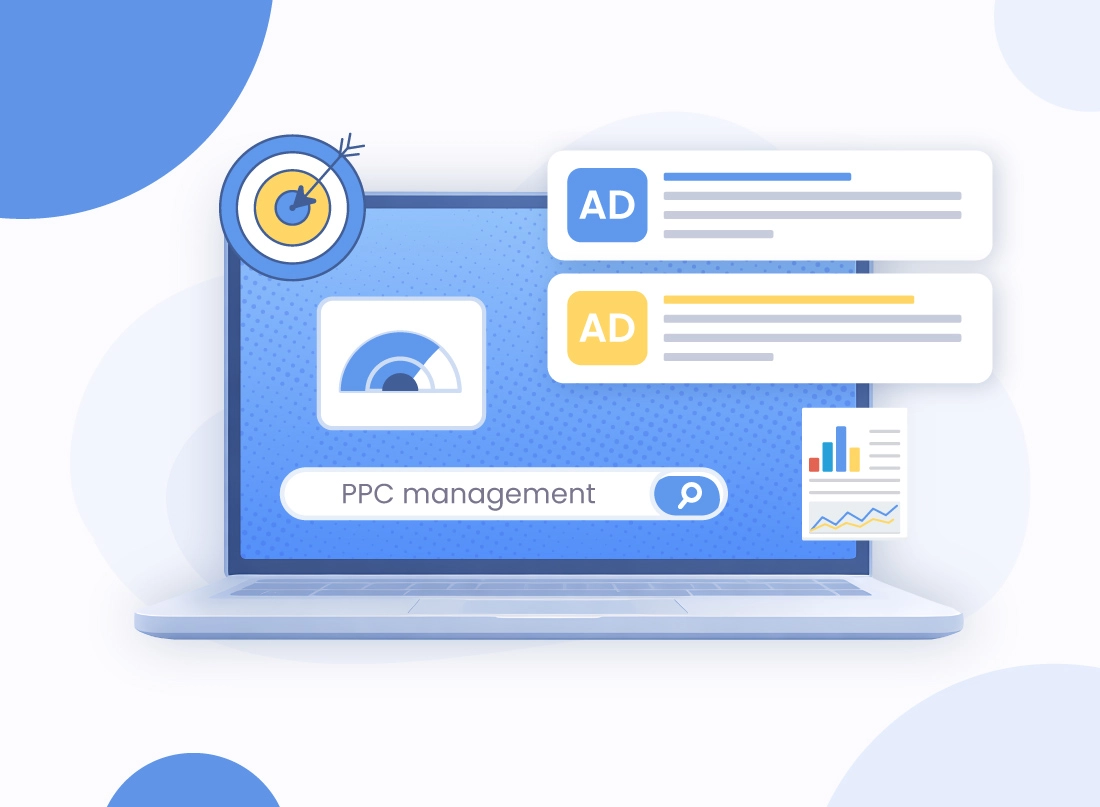 A professional Google Ads and PPC services graphic featuring a laptop displaying ad placements, a targeted bullseye, and search performance analytics.