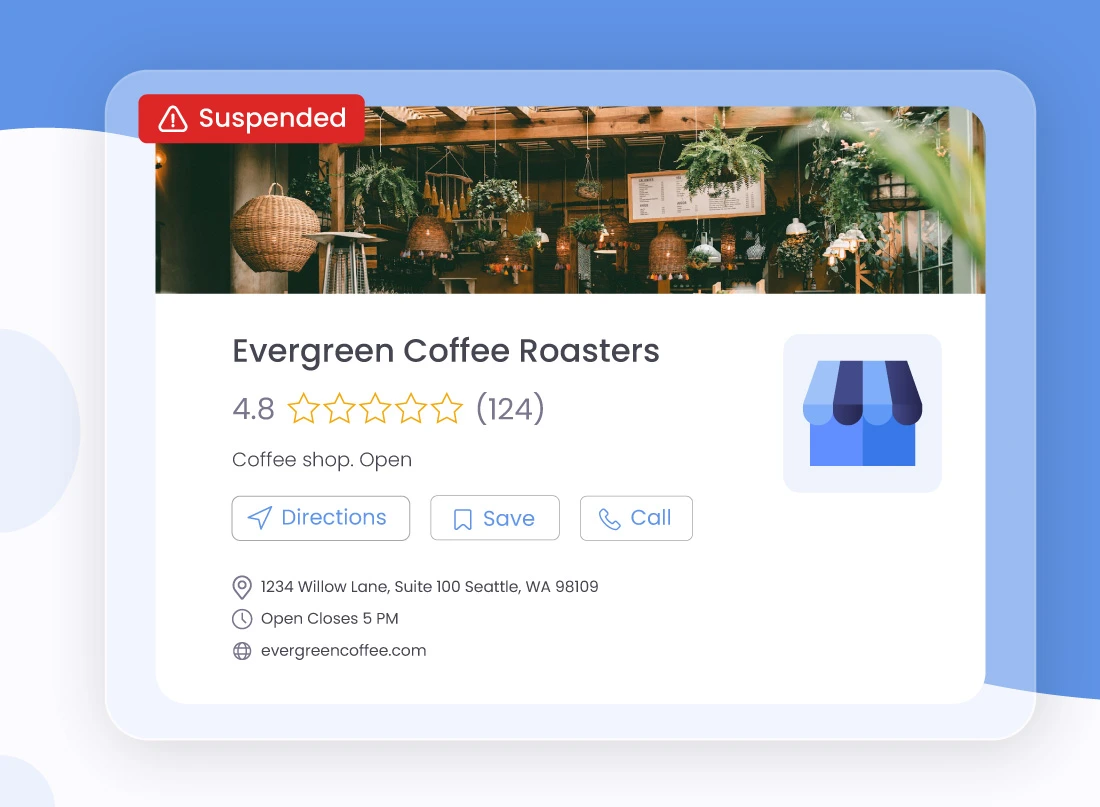 A professional graphic for a Google Business Account Suspended service, showing a red 'Suspended' warning on a coffee shop profile versus a restored, verified listing with a green checkmark."