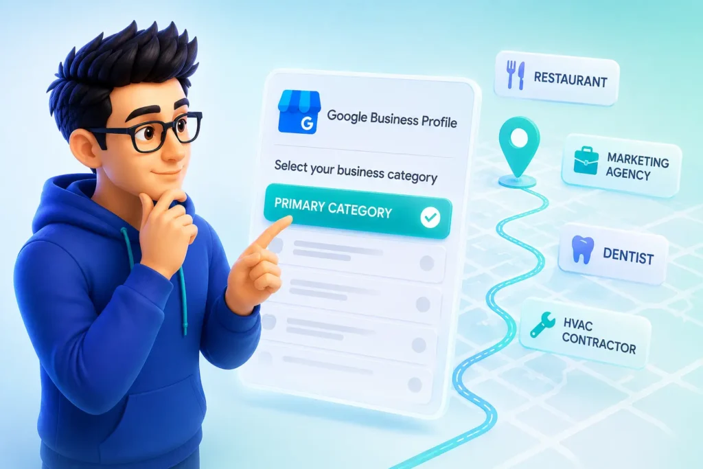 A man thoughtfully selecting a 'Primary Category' for a Google Business Profile, with options like Restaurant, Marketing Agency, Dentist, and HVAC Contractor displayed.