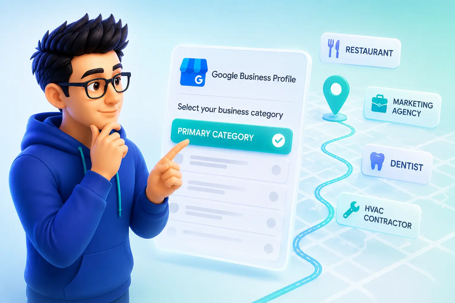 A man thoughtfully selecting a 'Primary Category' for a Google Business Profile, with options like Restaurant, Marketing Agency, Dentist, and HVAC Contractor displayed.