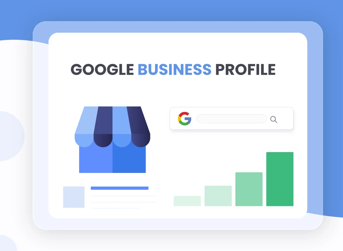 A professional Google Business Profile optimization service graphic featuring local ranking growth charts, a storefront icon, and Google search interface.