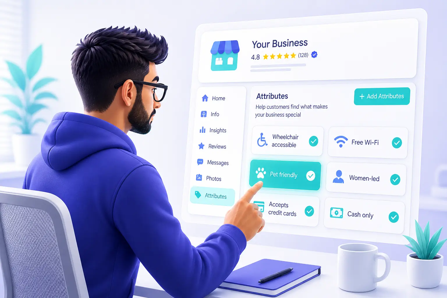 Man in blue hoodie pointing at 'Pet Friendly' button within a digital interface to add Google Business Profile attributes.