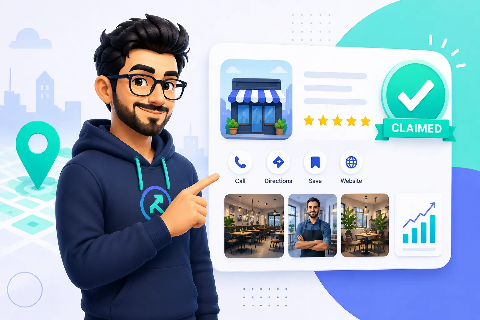 Cartoon man in a hoodie pointing to a verification checkmark labeled 'CLAIMED' on a business profile card, illustrating how to claim your Google Business Profile.