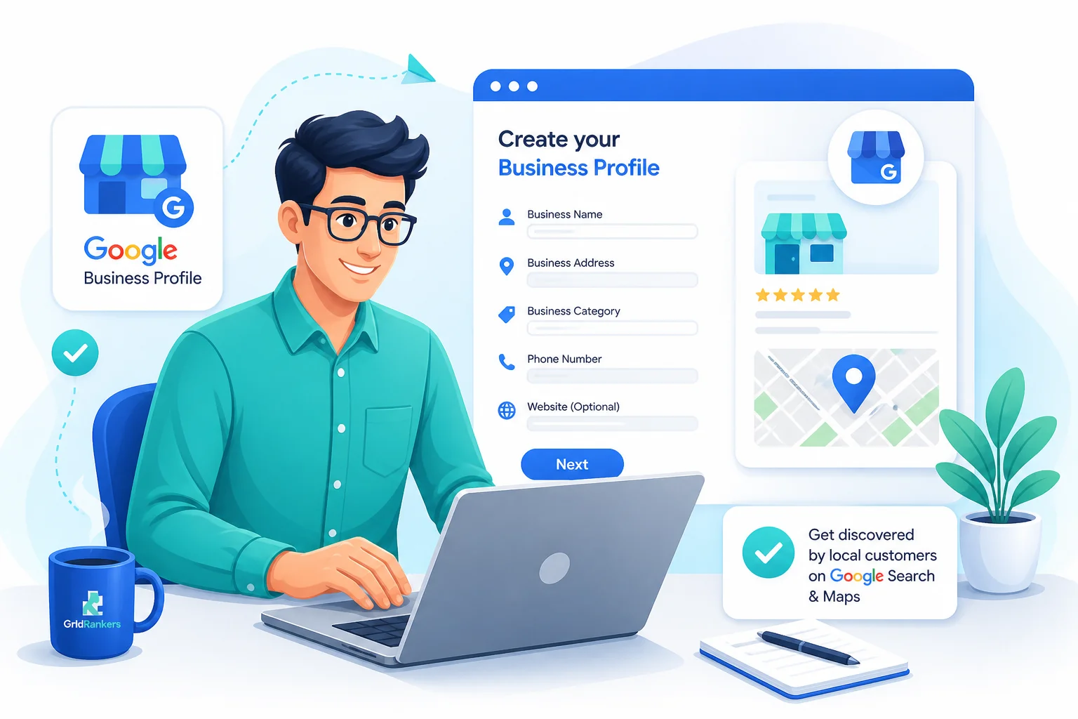 An illustration of a man using a laptop to fill out the 'Create your Google Business Profile' form on a large browser window.