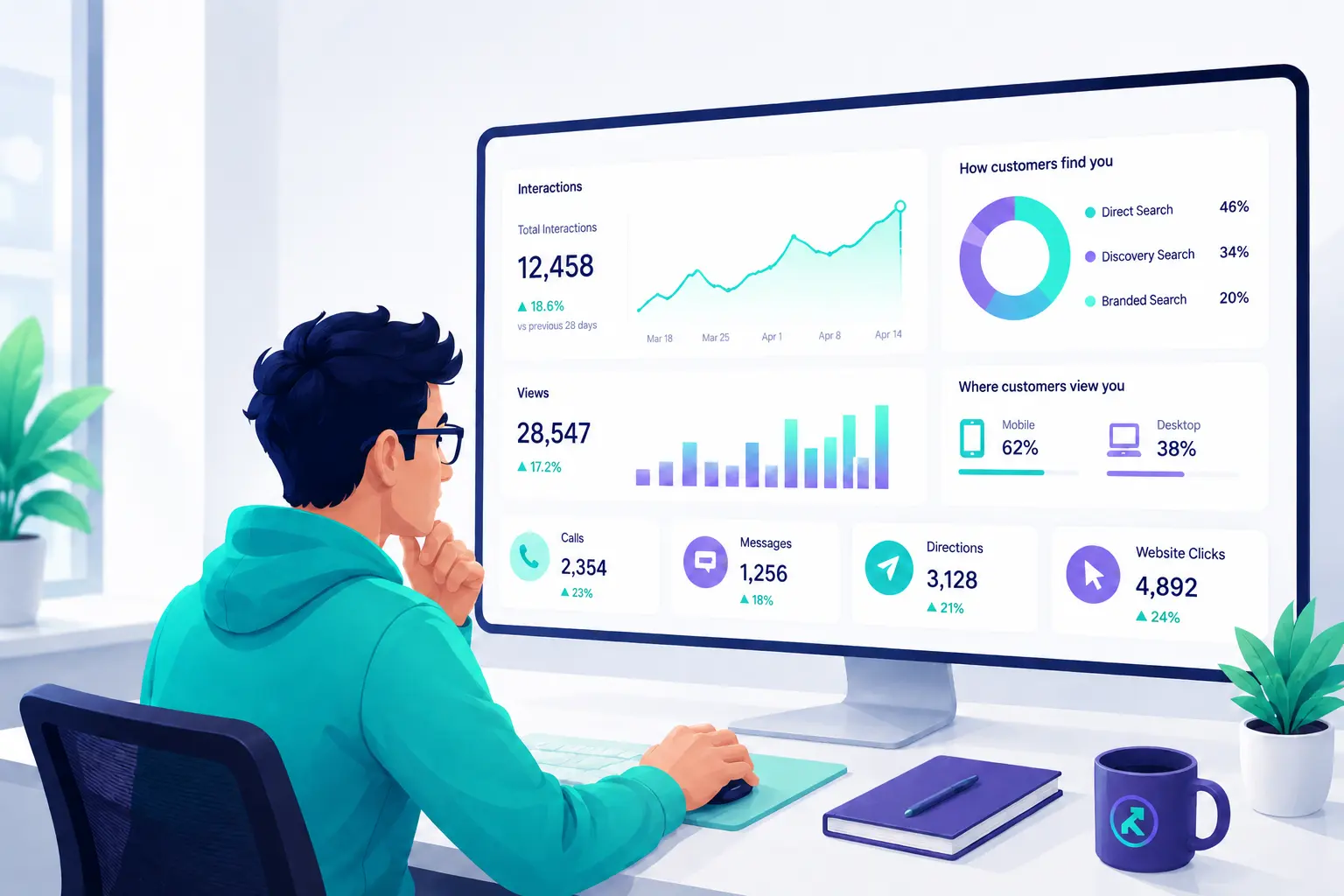 A man reviewing a detailed performance dashboard showing growth in calls, messages, and website clicks to demonstrate how to improve Google Business Profile metrics.