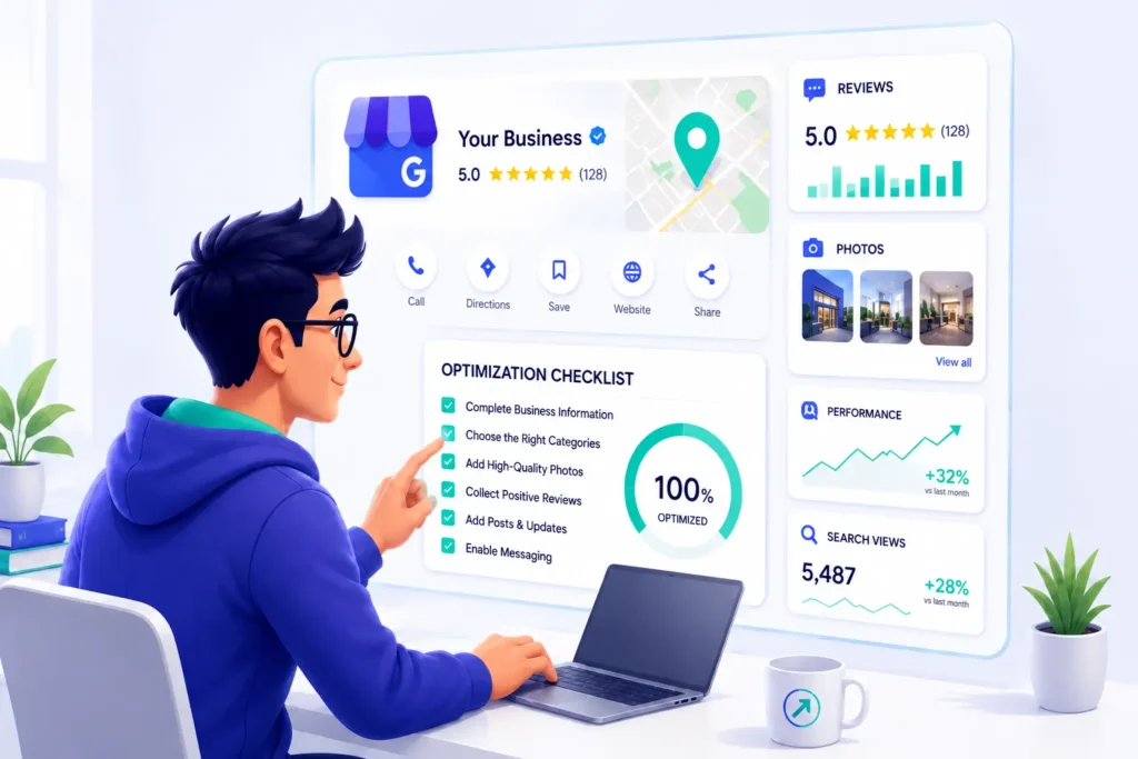A man uses a laptop to manage a business profile dashboard, pointing at a checklist showing steps for how to optimize your Google Business Profile to 100% completion.