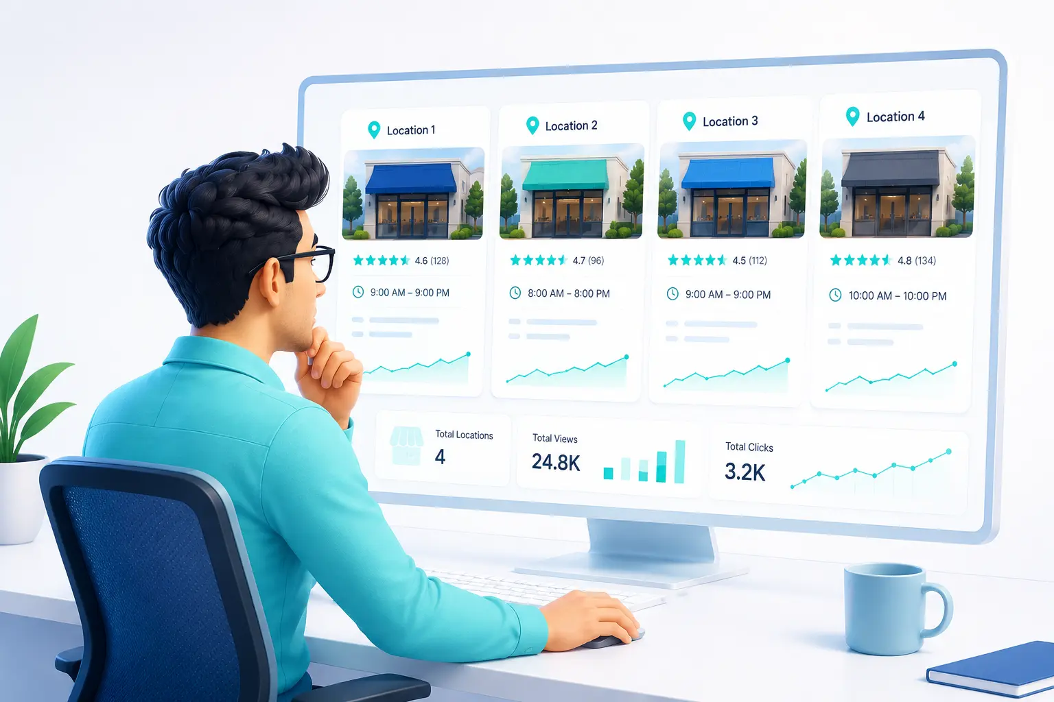 A man is managing a digital dashboard with four distinct storefront listings, illustrating how to optimize your Google Business Profile for multiple locations with unified metrics and reviews.