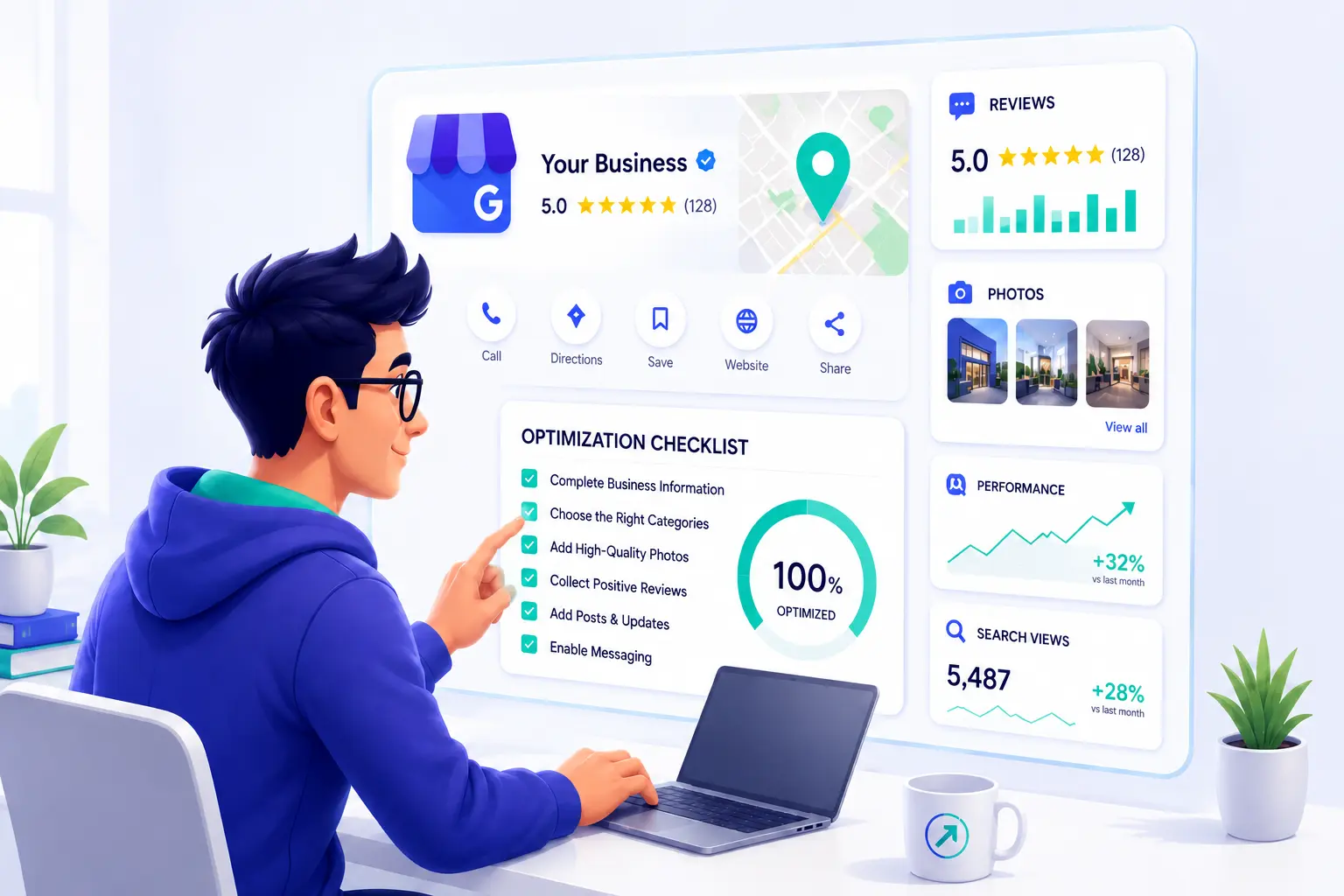 A man uses a laptop to manage a business profile dashboard, pointing at a checklist showing steps for how to optimize your Google Business Profile to 100% completion.
