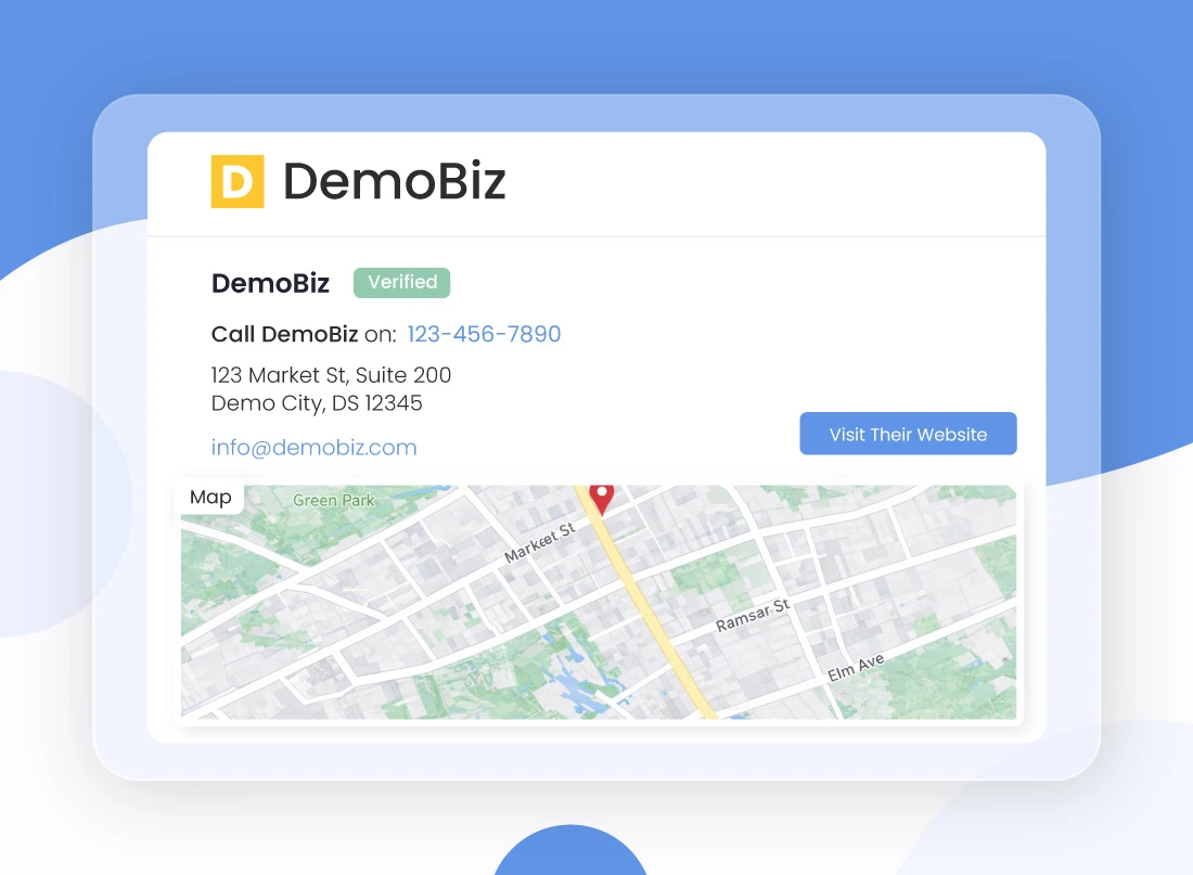 A professional Local Citation Building Services graphic showcasing a 'DemoBiz' verified business listing with consistent NAP data and an integrated map view.