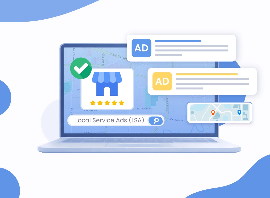 A professional Local Services Ads (LSA) graphic on a laptop screen, featuring Google Maps integration, 5-star business ratings, and verified local ad placements.
