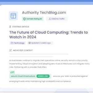 A professional niche edits service example showing a contextual link added to an existing high-authority tech blog with a Domain Rating of 82.