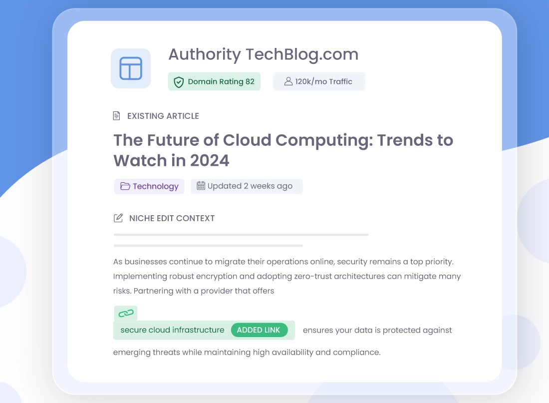 A professional niche edits service example showing a contextual link added to an existing high-authority tech blog with a Domain Rating of 82.