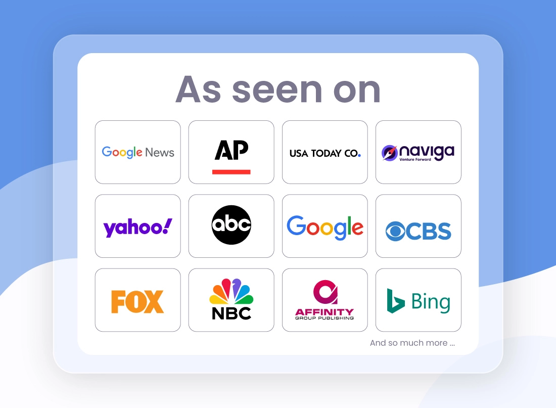 An Online Press Release Distribution Service graphic showcasing 'As Seen On' media logos, including Google News, AP, USA Today, and Yahoo.