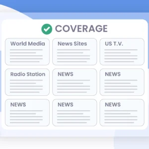 A marketing infographic for a press release distribution service showing a timeline with stages 'Announcements' and 'New Strategy Launch'
