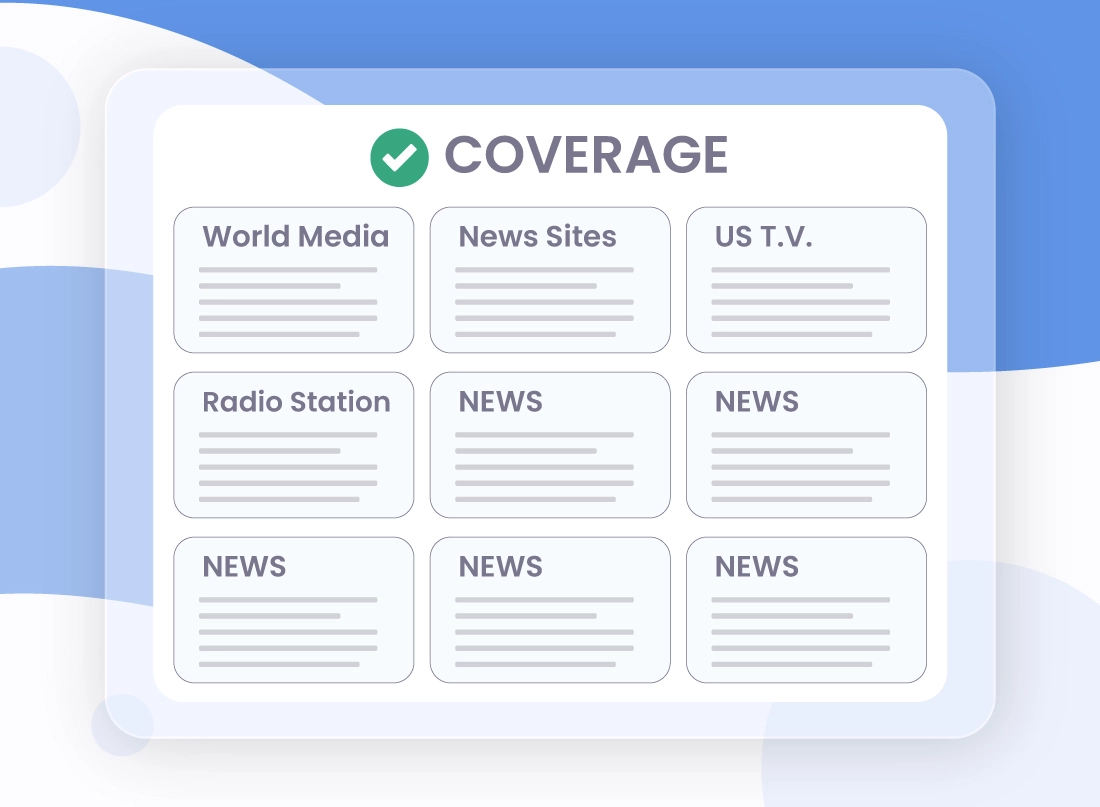 A marketing infographic for a press release distribution service showing a timeline with stages 'Announcements' and 'New Strategy Launch'