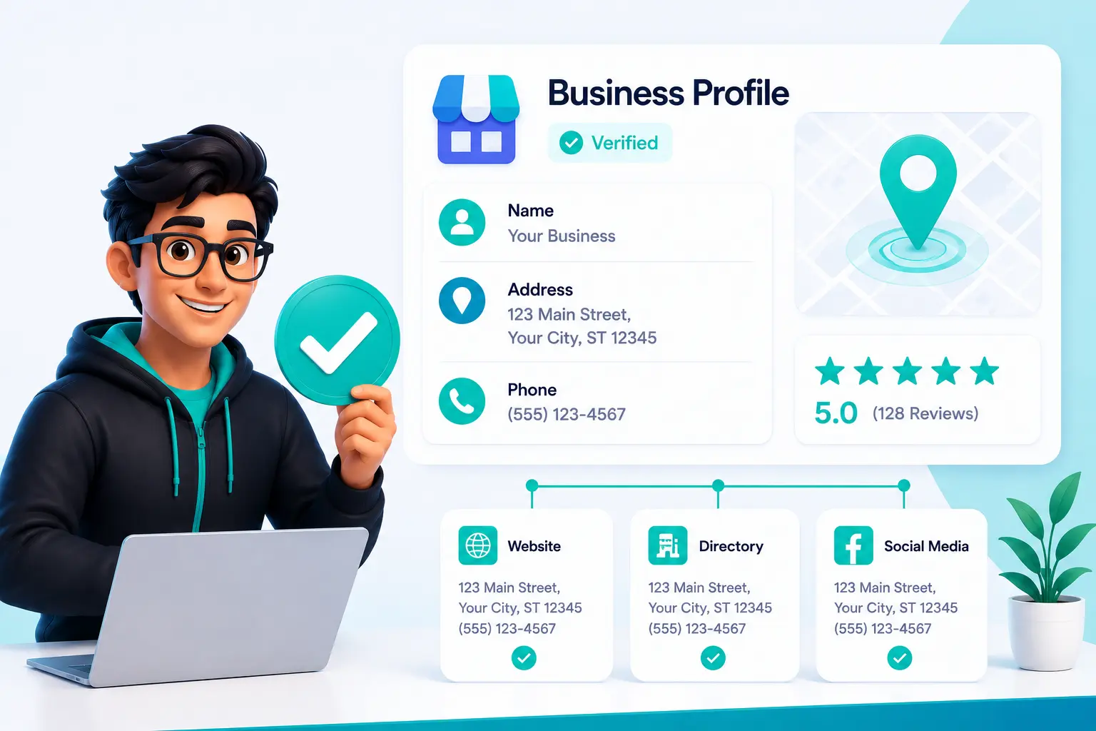 A professional holding a large green verification checkmark, pointing to a verified business profile listing with matching contact information on an integrated laptop, illustrating the importance of accurate NAP data in your Google Business Profile.