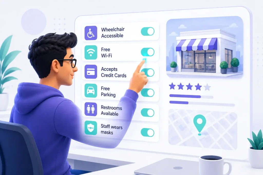 A man toggling various Google Business Profile attributes on a dashboard, such as Wheelchair Accessible, Free Wi-Fi, and Accepts Credit Cards.
