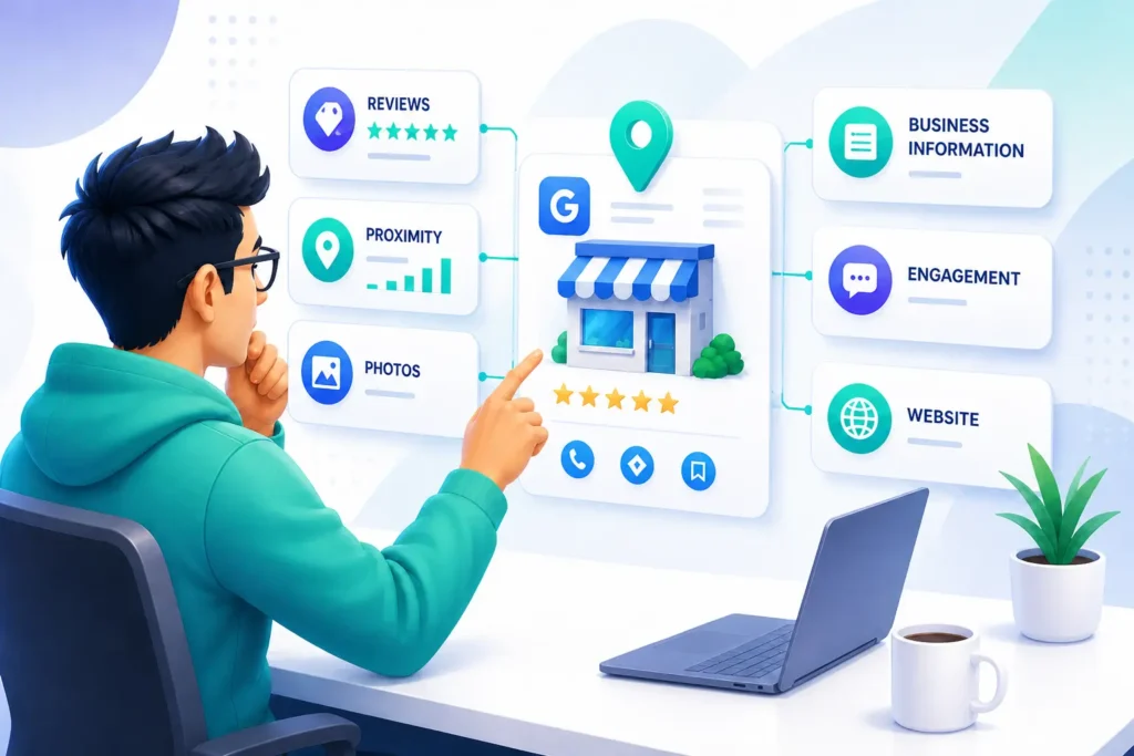 A man is analyzing a diagram of the ranking factors of Google Business Profile, including reviews, proximity, photos, business information, engagement, and website.