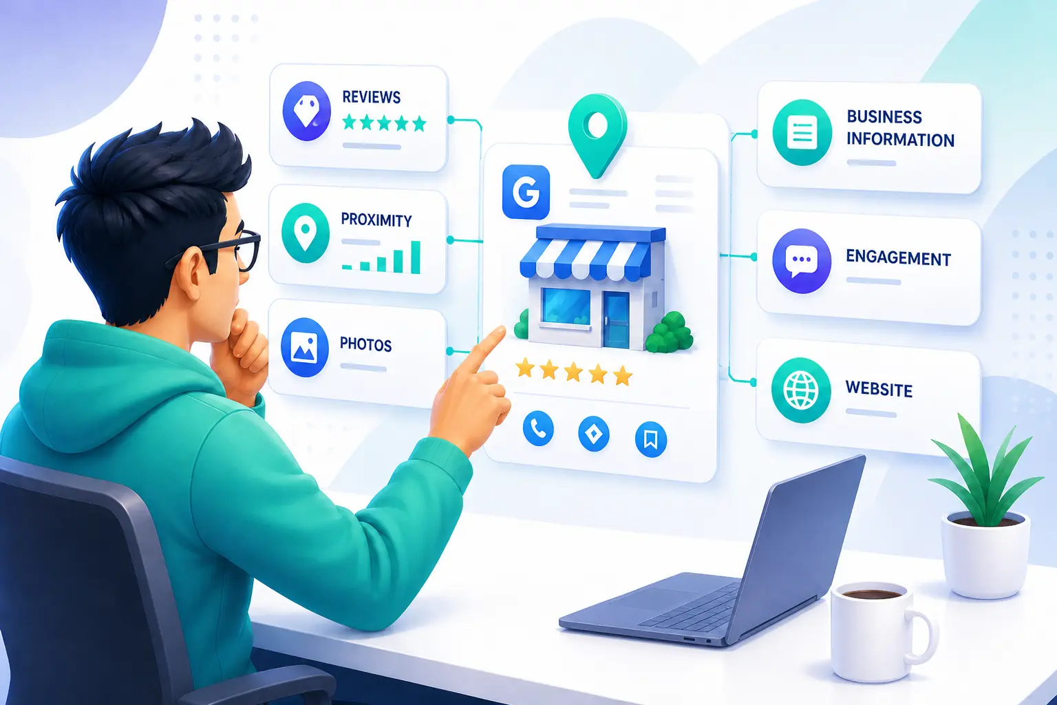 A man is analyzing a diagram of the ranking factors of Google Business Profile, including reviews, proximity, photos, business information, engagement, and website.