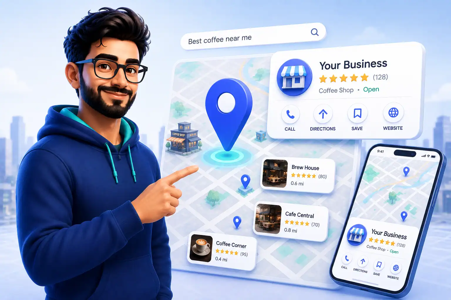 A man pointing to a Google Business Profile map search for 'Best coffee near me' showing a 5-star business listing on a desktop and smartphone.