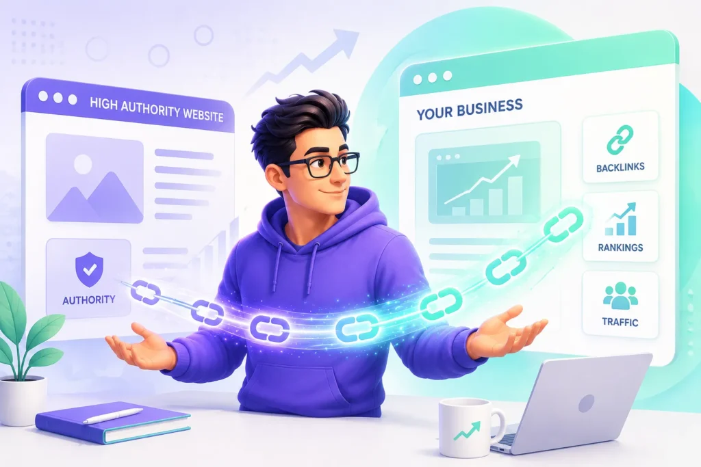 A conceptual illustration showing how guest posting services provide backlinks that increase website authority, rankings, and traffic for a business.