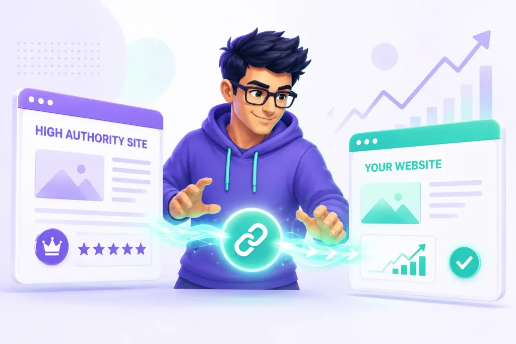 Conceptual illustration showing how niche edits provide a contextual link from high authority sites to boost a website's rating, rankings, and traffic.