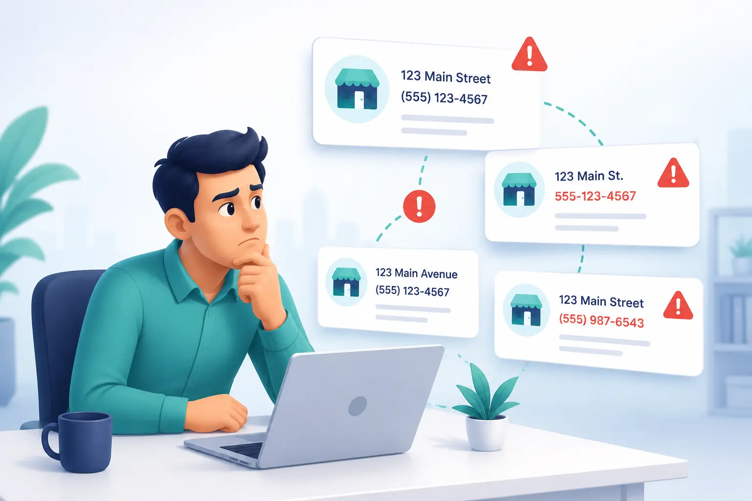 A concerned business owner at a laptop, seeing conflicting business information across different local directories, marked with red 'X' symbols for inconsistent NAP data.