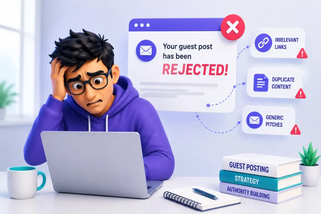 An illustration highlighting common guest posting mistakes to avoid, including generic pitches and low-quality links that lead to post rejection.