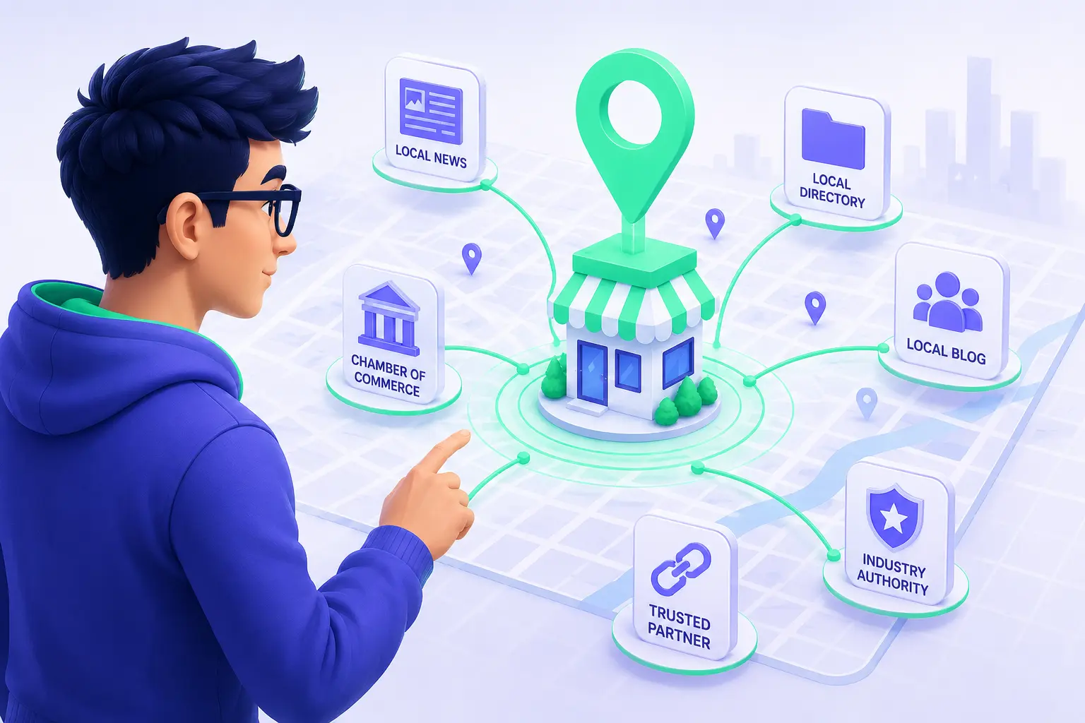 Conceptual illustration showing how quality backlinks from diverse sources improve visibility and traffic for a local Google Business Profile.