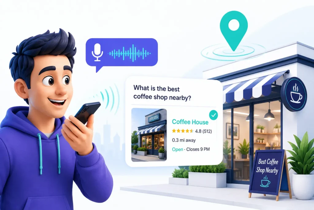 A conceptual illustration showing how voice search optimization connects conversational long-tail queries to local Google Maps listings.