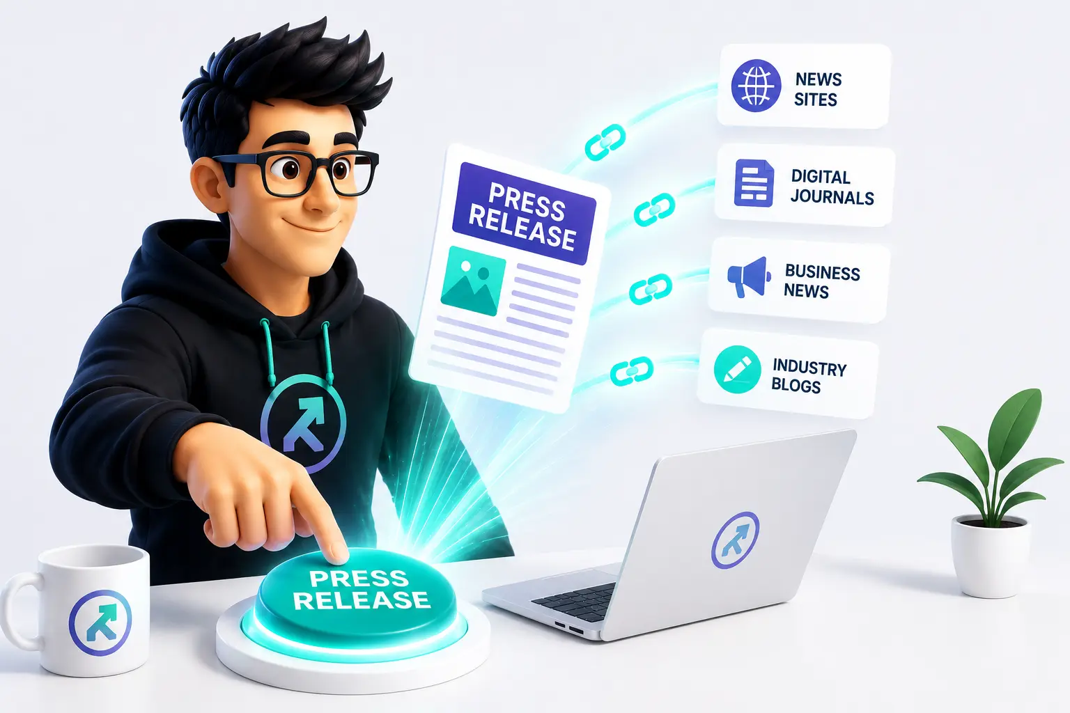 An illustration of a man pressing a launch button to distribute a press release that generates backlinks from news sites, digital journals, and blogs.