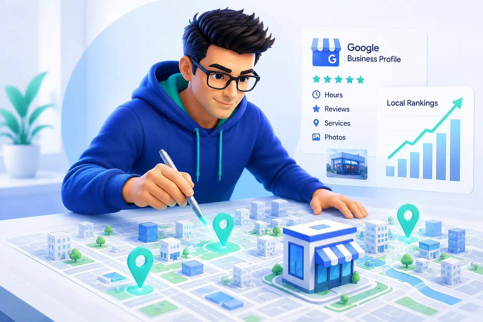 An illustration of a complete local SEO strategy showing how optimizing Google Business Profile and local keywords leads to better visibility on Google Maps.