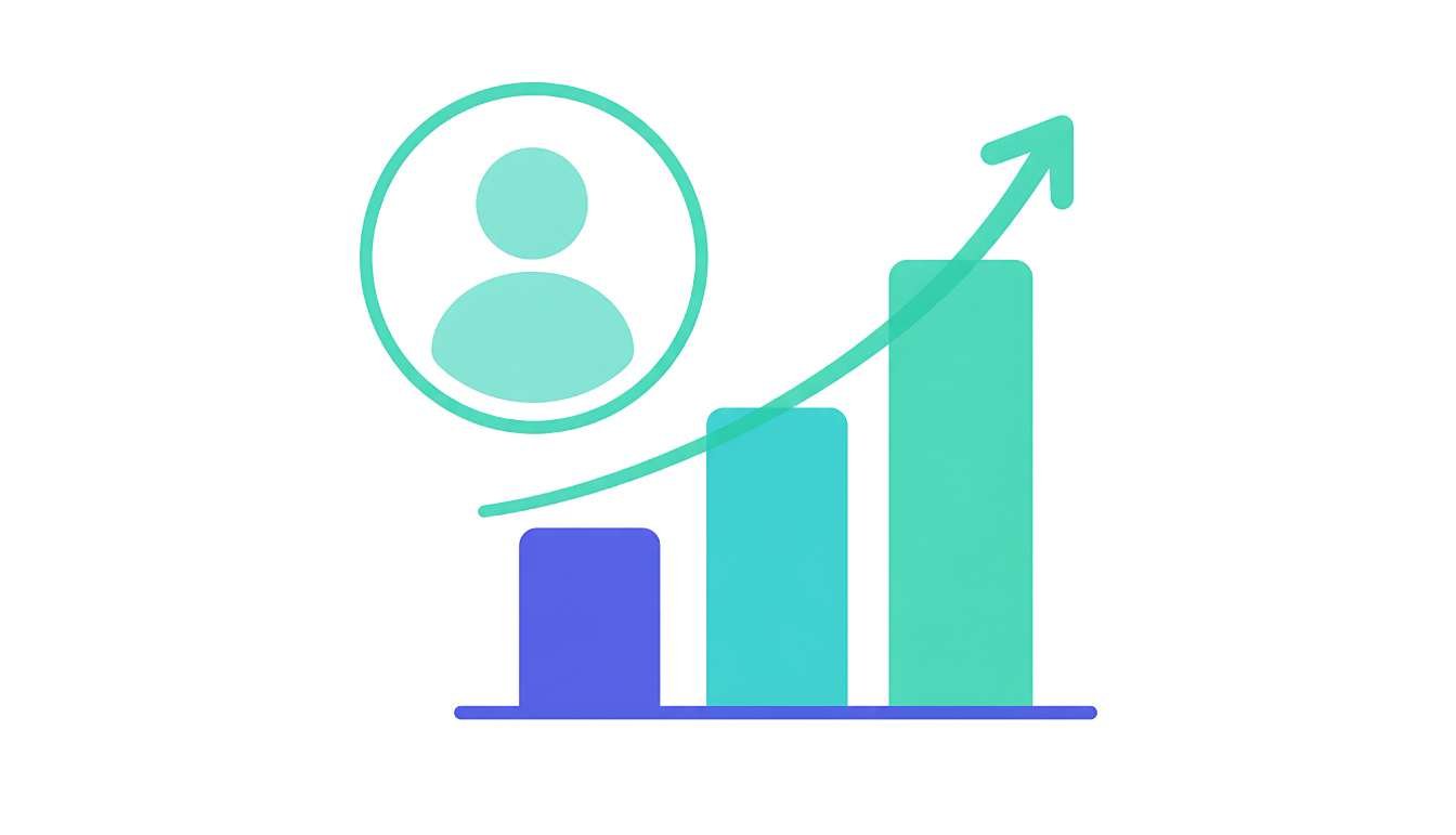An icon graphic combining a user profile avatar with a rising bar graph and upward arrow, symbolizing the growth achieved through professional profile optimization services.
