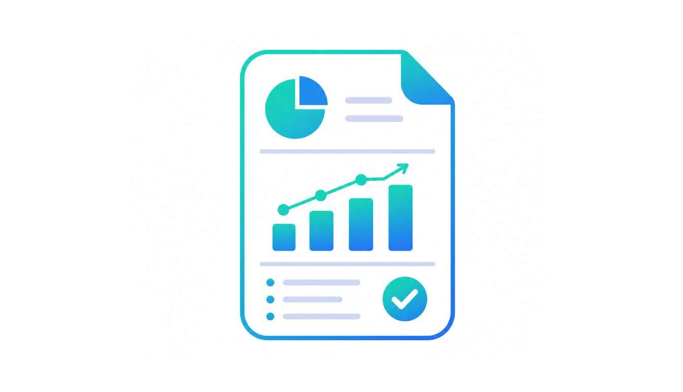 A vector icon of a document sheet featuring a pie chart, an upward-trending bar graph, and a checkmark badge, representing professional analytics and reporting services