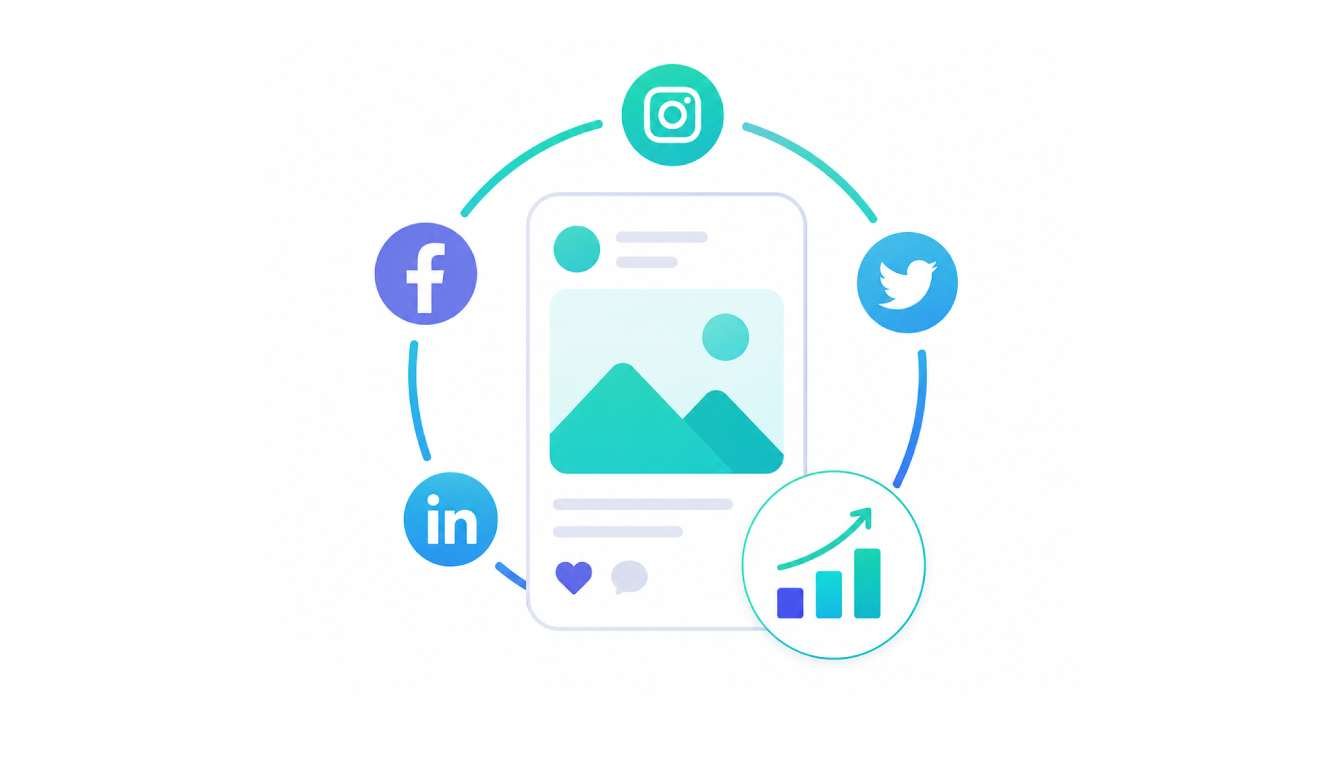 A vector icon showing a central social media feed layout surrounded by Facebook, Instagram, Twitter, and LinkedIn logos, with an integrated growth chart representing social media optimization.