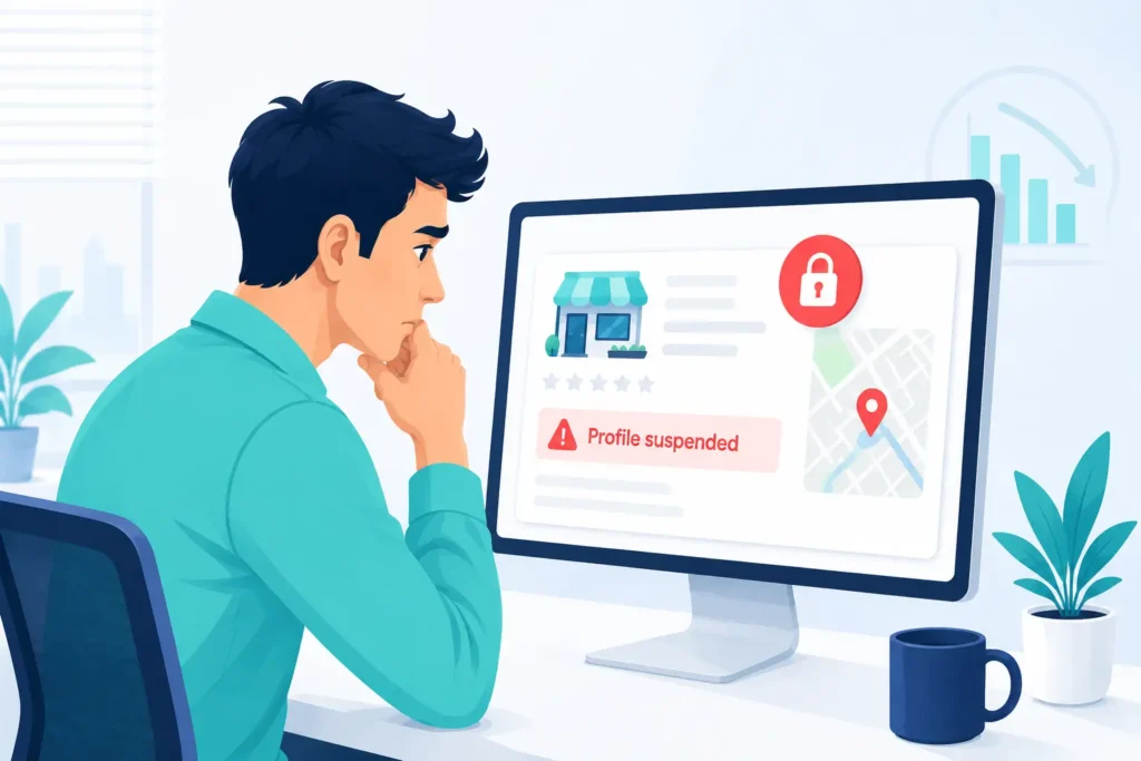 An illustration of a business owner focused on a computer screen showing a 'Profile suspended' notice with a red lock, representing the start of the reinstatement process.