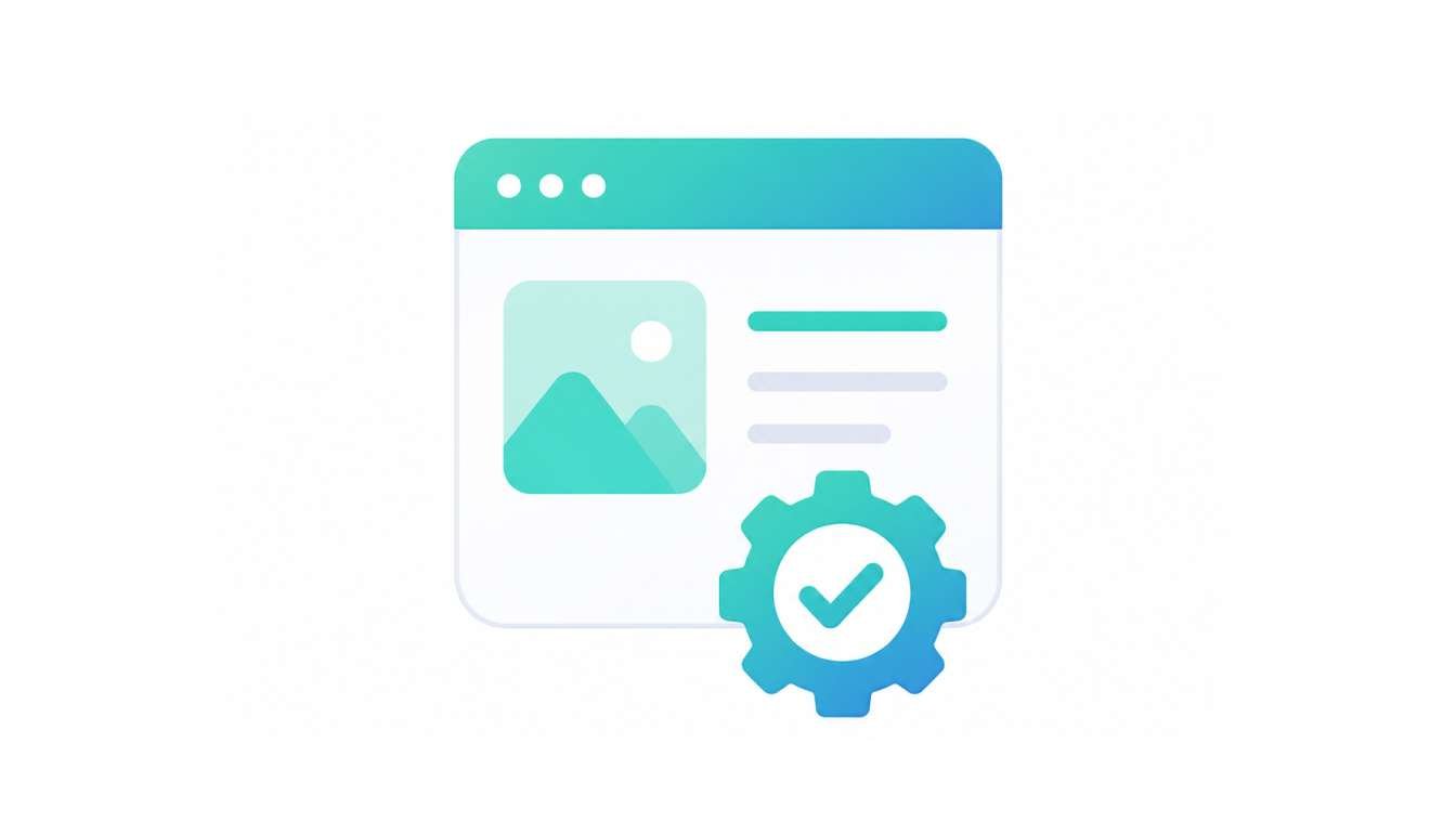 A vector icon showing a browser window layout with an image placeholder and text lines next to a gear checkmark, representing professional website optimization services.