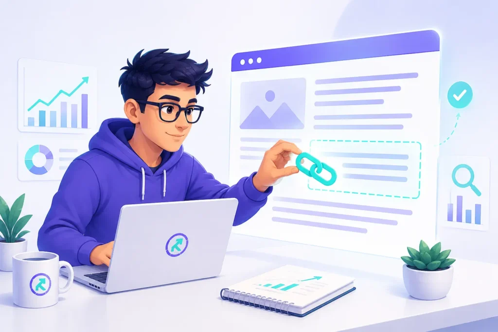 An illustration of a man using a laptop and physically placing a link icon into an existing webpage article, symbolizing a niche edit.