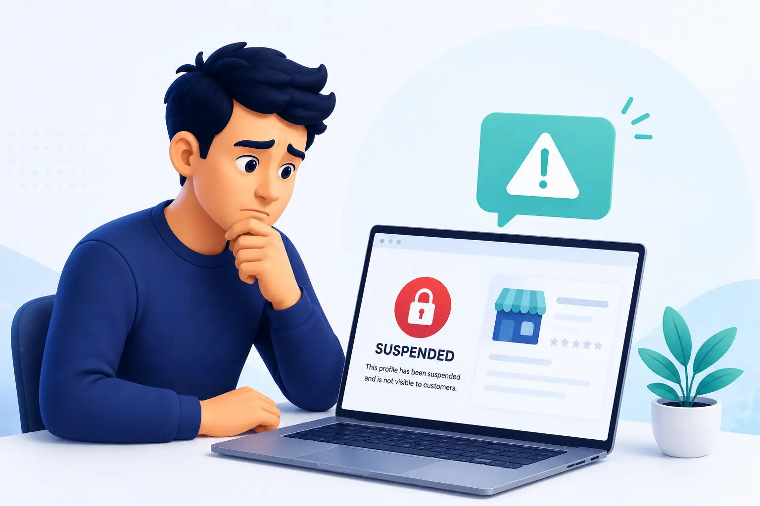 A concerned business owner looking at a laptop screen displaying a 'Profile Suspended' notification with a red lock icon and a warning speech bubble.