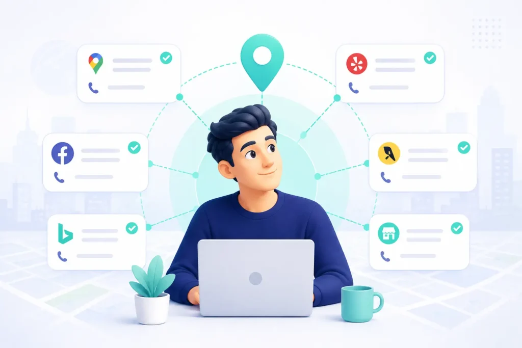 An illustration of a man at a laptop surrounded by verified business listings on platforms like Google, Facebook, Yelp, and Bing, representing local citation building.