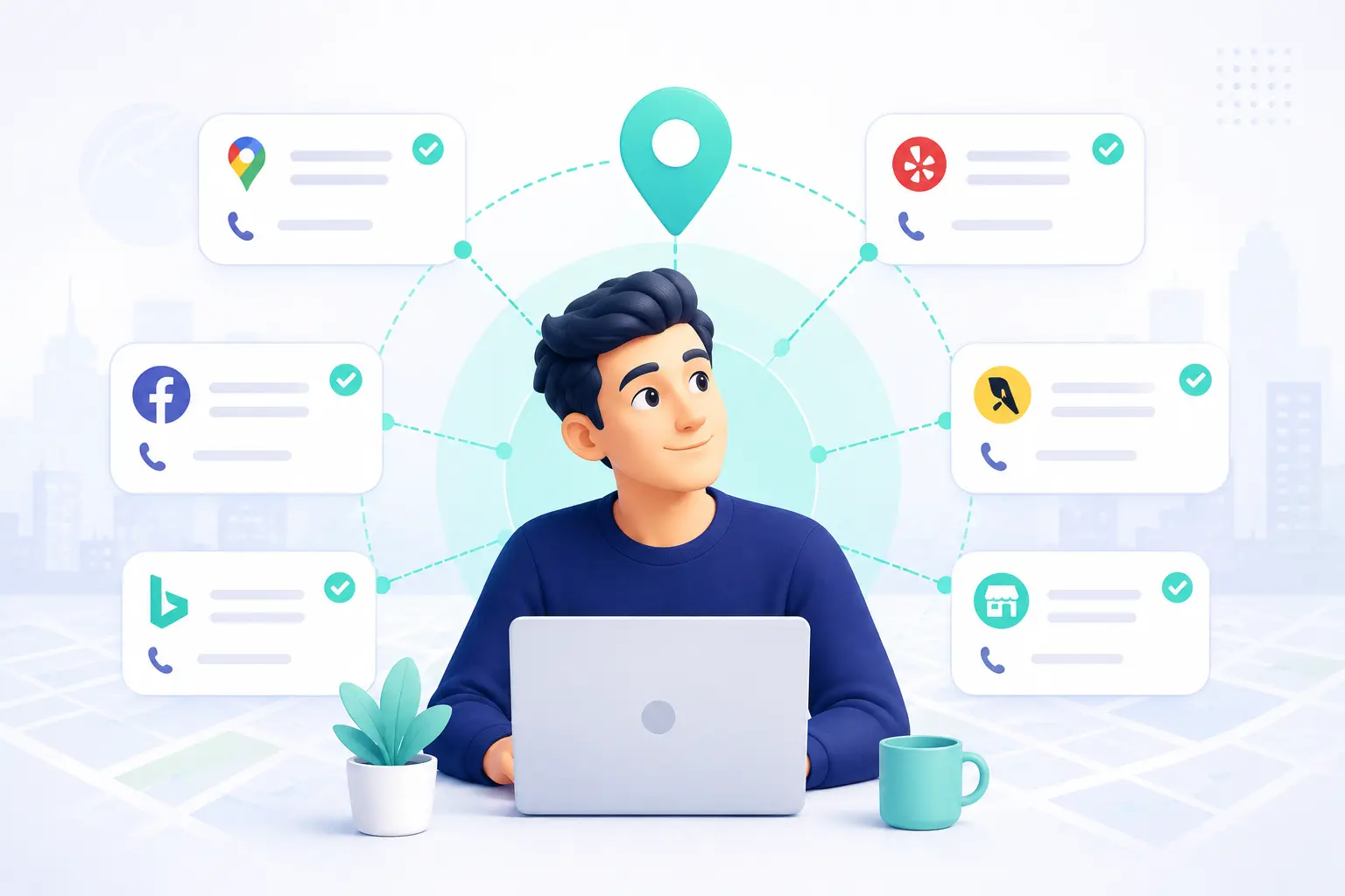 An illustration of a man at a laptop surrounded by verified business listings on platforms like Google, Facebook, Yelp, and Bing, representing local citation building.